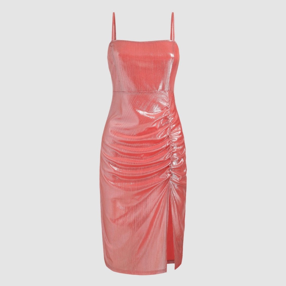 Shiny Pink Ruched leg slit dress